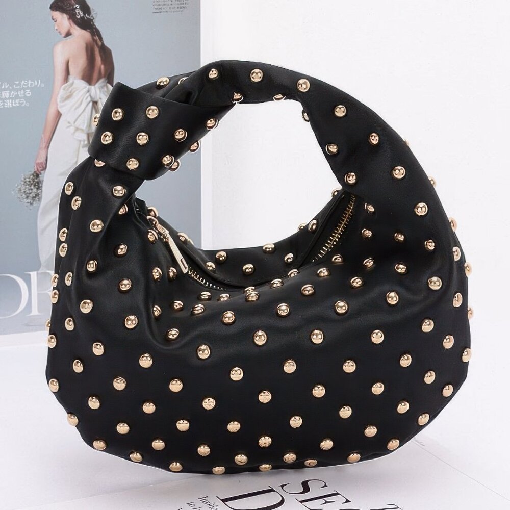 Satin Metal Studded Hobo Bag